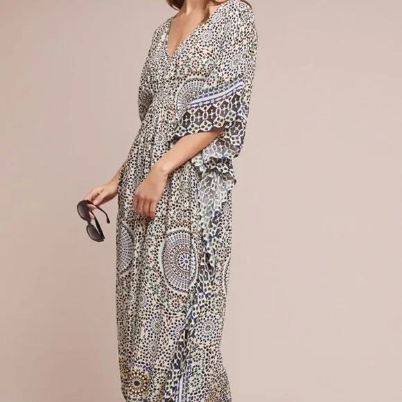 Anthropologie Rujuta Sheth Dress Marie Cinch Kaftan Moroccan Print Maxi Tunic OS - Picture 3 of 9